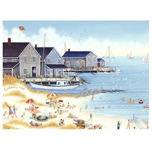 Feeding The Seagulls. SIGNED Giclée print of oil painting by Kathy Jakobsen, Beach scene, Coastal art, New England artwork