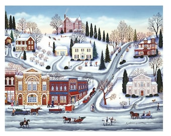 Winter In Town holiday artwork shopping in town, horse and sleigh art SIGNED Giclée print of oil painting by Kathy Jakobsen