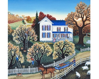 Square print, "Picking Apples In Autumn", SIGNED Giclée print, Country print, oil painting by Kathy Jakobsen