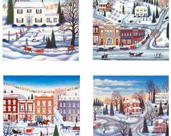 Winter Town print set, Square prints 8x8 set of FOUR | SIGNED, winter town art set Print bundle Seasonal art Winter decor