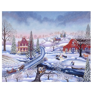 Besneeuwde rode schuur winterdorp print, kunstprint landelijk landschap print Boerderij muur kunst wintertafereel &quot;Snowy Afternoon&quot; GESIGNEERDE Giclée print