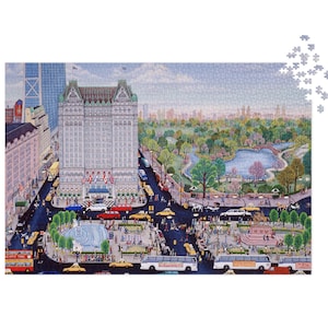 May include: A completed jigsaw puzzle depicting a detailed street scene in New York City. The image shows a large building, Central Park, yellow taxis, buses, and people. The puzzle is mostly assembled, with a few pieces remaining.