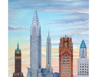NYC art 10x10 print SIGNED by Kathy Jakobsen "Art Deco New York Buildings"