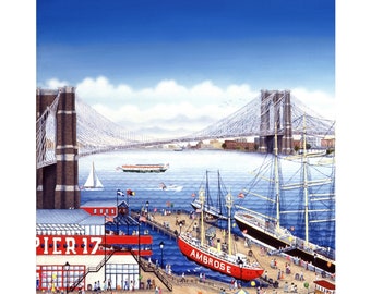 New York wall decor, Square print New York City art print, "South Street Sea Port with Brooklyn Bridge" NYC print Square print 10x10