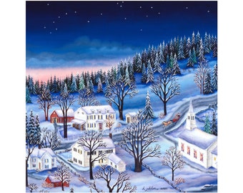 Winter village art print Winter town art Snowy village small print SIGNED small print Christmas art print cozy Winter vibes