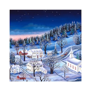 Winter village art print Winter town art Snowy village small print SIGNED small print Christmas art print cozy Winter vibes