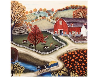 May include: A red barn with a white fence and a white picket fence in front of it. There are cows in the field and a wagon with a horse pulling it. The trees are in the autumn colours of red, orange, and yellow.