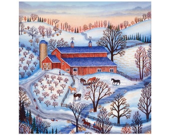 May include: A red barn with a blue roof sits on a snowy hill with a group of horses in the yard. The barn has a silo and a small window. The trees are bare and the sky is a light blue.