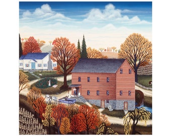 May include: A painting depicting a red barn with a water wheel in front. The barn is surrounded by trees with autumnal foliage. A smaller white house can be seen in the background.