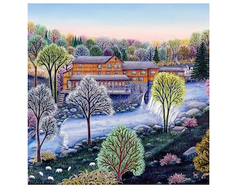 Cobbs Mill Inn on the river art print, Spring landscape painting, Countryside painting Beautiful spring forest painting in Weston CT