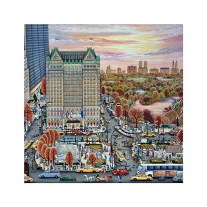 Plaza Hotel sztuka Nowy Jork, Plaza Hotel wystrój NYC malarstwo Autumn Plaza 10x10 sztuka PODPISANA, budynki Nowego Jorku Central Park sztuka ścienna