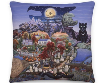 May include: Square throw pillow with a whimsical Halloween scene. The design features a full moon, a witch flying on a broom, a black cat, a graveyard, and a town with pumpkins and fall foliage. The pillow has a blue background.