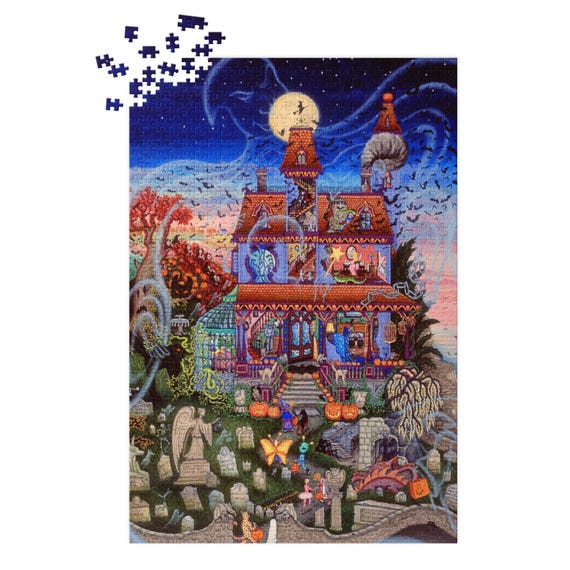 Haunted House Halloween puzzle Family fun Halloween jigsaw puzzle with tin | Halloween art by Kathy Jakobsen