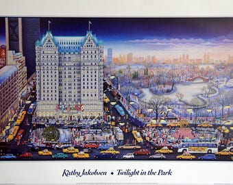 Art poster, "Twilight In The Park", NEW condition vintage artwork signed by Kathy Jakobsen, New York art print
