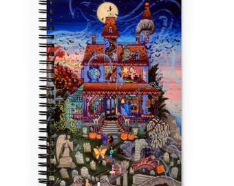 May include: Spiral-bound notebook featuring a colorful illustration of a haunted house on a moonlit night. The artwork includes bats, pumpkins, and whimsical characters, perfect for Halloween or spooky themes.
