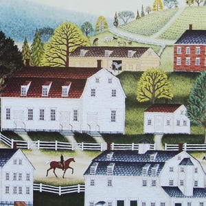 May include: A folk art painting depicts a rural village scene with white buildings, red roofs, and a horse and rider. The artwork features a white picket fence, rolling green hills, and trees under a blue sky. The artist's signature is in the bottom right corner.