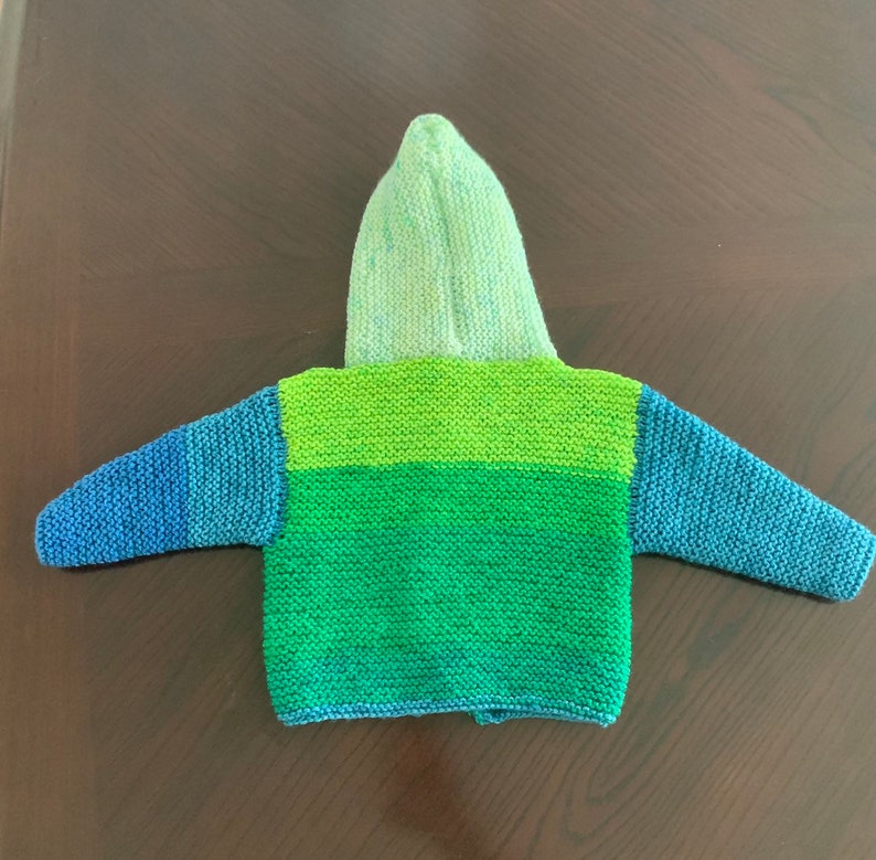 Handknit green and blue 3-6 month two-button hoodie