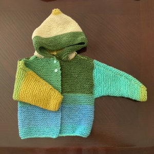 Handknit green and blue 3-6 month two-button hoodie