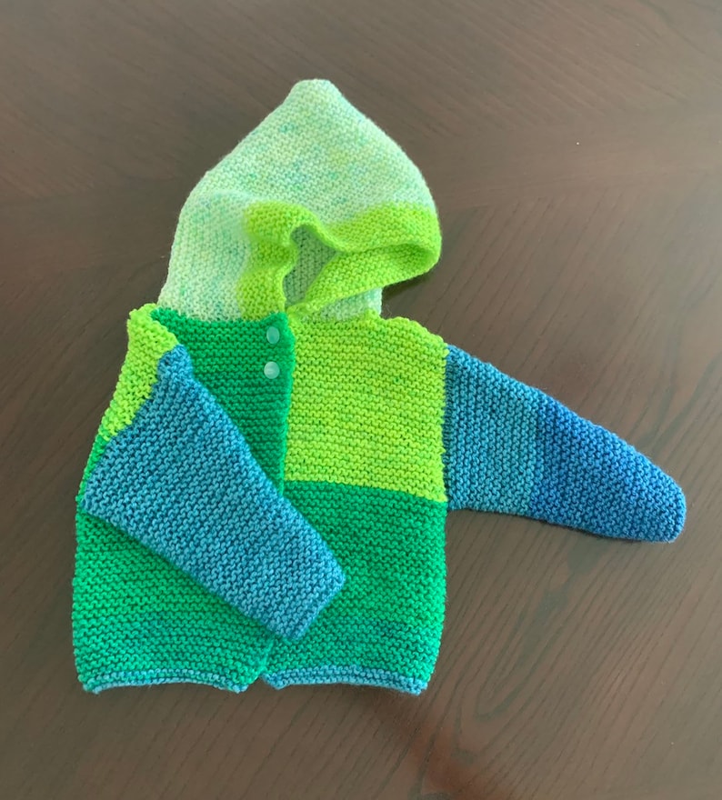 Handknit green and blue 3-6 month two-button hoodie