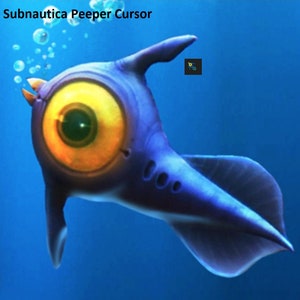 May include: A blue and yellow Subnautica Peeper cursor with a large eye and a small mouth. The cursor is swimming in a blue ocean.