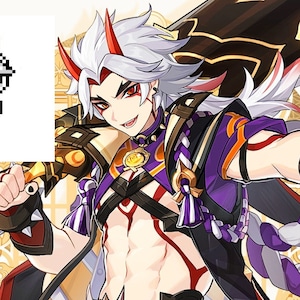 以下が含まれることがあります： 白い髪、赤い目、赤い角を持つキャラクターのデジタルイラスト。キャラクターは、金色のアクセントがついた紫と黒の衣装を着ています。キャラクターは右手に金の剣を持っています。