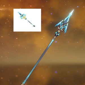 May include: A blue and black spear with a sharp point and intricate details. The spear has a gold-colored handle and a blue and white design on the blade.