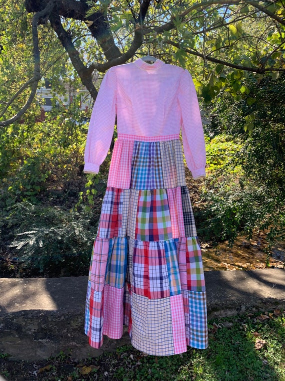 70s Patchwork Plaid Prairie Dress