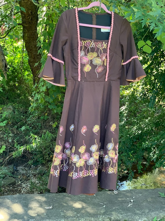 70s Brown + Pink Embroidered Dirndl Dress