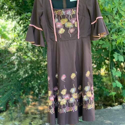 70s Brown + Pink shops Embroidered Dirndl Dress
