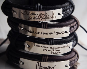 Mens Leather Handwritten bracelet, Mens handwritten Bracelets, Engraved  bracelet Handwriting, Handwriting Jewelry, handwritten bracelets