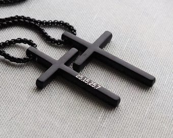 Customized Engraved CROSS NECKLACE Coordinates, Men Women, men gift, Mom Custom Silver Jewelry, Pendant, Christian, Baptism Catholic Bible