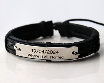Custom Engraved Mens leather bracelet, where it all started, anniversary gift, mens bracelet, mens gift, men jewelry, personalized gift men
