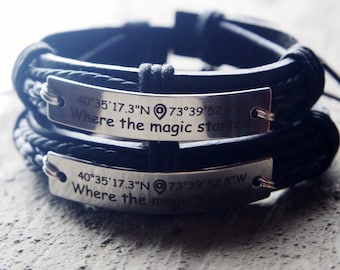 Couples Coordinates Bracelet, Mens Womens Coordinate bracelet, long distance, Engraved Gps Bracelet, location bracelet, Customized Mens Gift