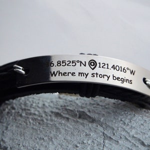 Mens Custom leather Coordinate Bracelet, mens Coordinates Bracelet, Engraved Gps Bracelet, location bracelet, map, long distance, Mens Gifts