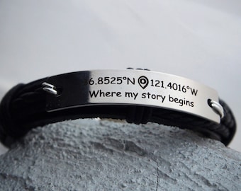 Mens Custom leather Coordinate Bracelet, mens Coordinates Bracelet, Engraved Gps Bracelet, location bracelet, map, long distance, Mens Gifts