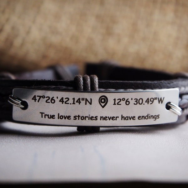 Custom Coordinate bracelet, MENS Custom Bracelet, Coordinates Bracelets, Engraved Gps Bracelet, location bracelet, Mens leather Bracelets