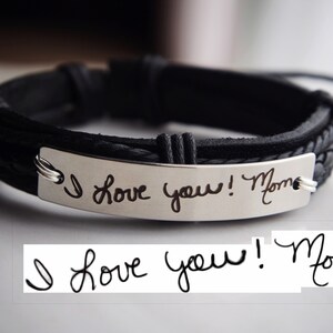 Escritura a mano REAL Pulseras, pulsera de escritura a mano para hombres, pulsera manuscrita de cuero, carta, mamá, guión, Regalo para él, Escritura a mano Regalo