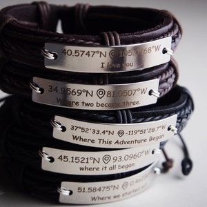 Leather Coordinate Bracelet, Leather Coordinate Gifts, Engraved Gps Bracelet, location bracelet, backpacker, Custom Gift, Coordinate Jewelry