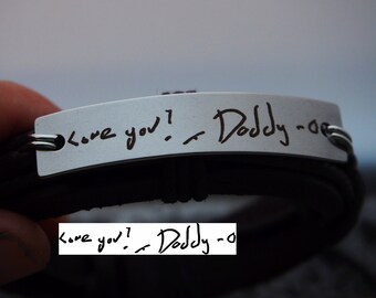 Memory of Daddy/ Handwriting jewelry, Daddy handwriting Gift, men, women, leather handwriting bracelet, dad, Gift, Personalized, father Gift