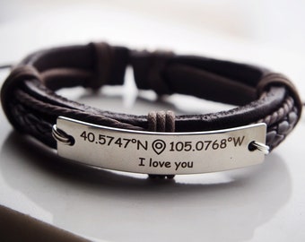 Coordinate Bracelet leather, coordinate bracelet Personalized, coordinate bracelet men, coordinate bracelet women, coordinate engraved, GPS
