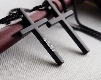Customized CROSS NECKLACE Coordinates, Men Women, men gift, Mom Custom Engraved Silver Jewelry, Pendant, Christian, Baptism Catholic Bible