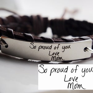 Actual Handwritten bracelet, Mens leather Jewelry, Engraved Handwriting, Custom handwritten bracelet, Signature Jewelry, script jewelry