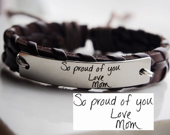 Actual Handwritten bracelet, Mens leather Jewelry, Engraved Handwriting, Custom handwritten bracelet, Signature Jewelry, script jewelry