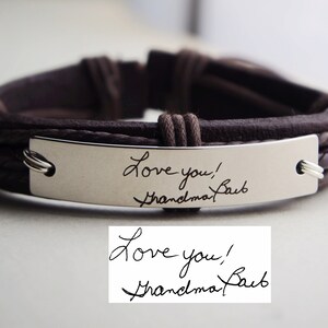 Pulsera de cuero grabado, Pulsera manuscrita para hombres, Joyería de plata manuscrita, carta, Pulsera de firma, Regalos para hombres, Pulsera de cuero