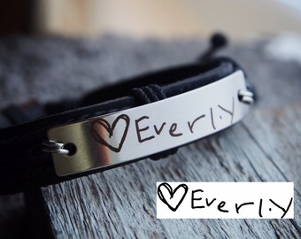 Handwriting Bracelet, leather handwriting gift, men leather handwriting jewelry, handwritten, signature, dad, kid, script, personalized Gift