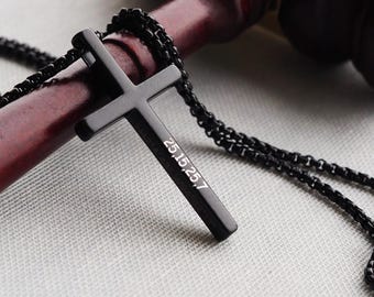 Custom Text CROSS NECKLACE Coordinates, Men Women, men gift, Mom Custom Engraved Silver Jewelry, Pendant, Christian, Baptism Catholic Bible