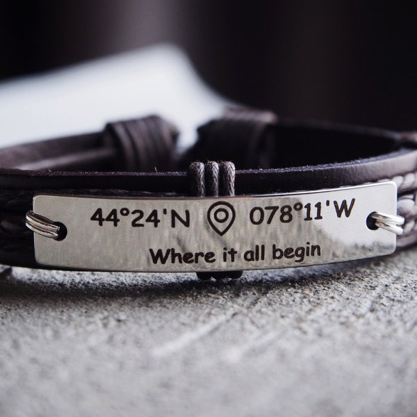 Coordinate Bracelet, Mens Coordinate bracelet, Where it all began, Engraved Gps Bracelet, location bracelet, backpacker, Custom Bracelet Men