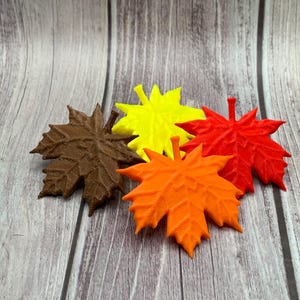 May include: Four 3D printed maple leaves in different colors: brown, yellow, orange, and red. The leaves are arranged on a wooden surface.