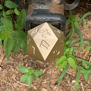 May include: A gold-colored metal dice with numbers 1, 7, 11, 17, 20, and 24 on the faces. The dice is attached to a black metal hitch receiver.