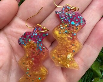 Gold, Pink And Glitter Dangle Earrings || Unique Statement Jewelry || Girly Earrings || For Her || Birthday Gift || Handmade Resin Art